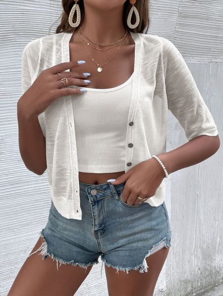 

half sleeve button placket cardigan q5w7#, White;black