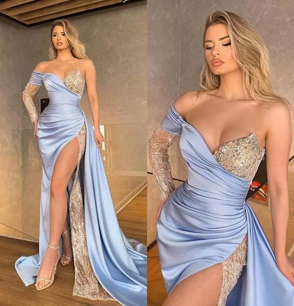 2022 Seksi Açık Mavi Seksi Denizkızı Prom Elbiseler Bir Omuz İllüzyonu Gümüş Pullu Kristal Dantel Yan Yüksek Bölünmüş Akşam Elbiseleri Artı Boyut Resmi Parti Elbise B0618X02