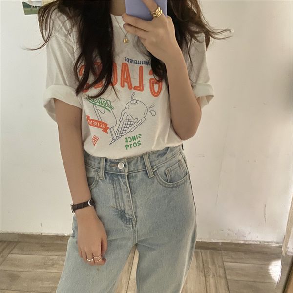 

letter printed casusal cotton basic short sleeve ice cream pattern all match fashion women tshirts 210426, White