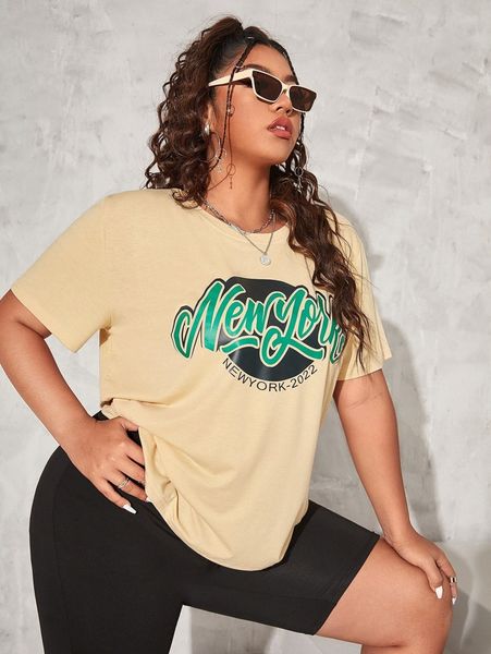 

plus letter print round neck tee 63ip#, Black