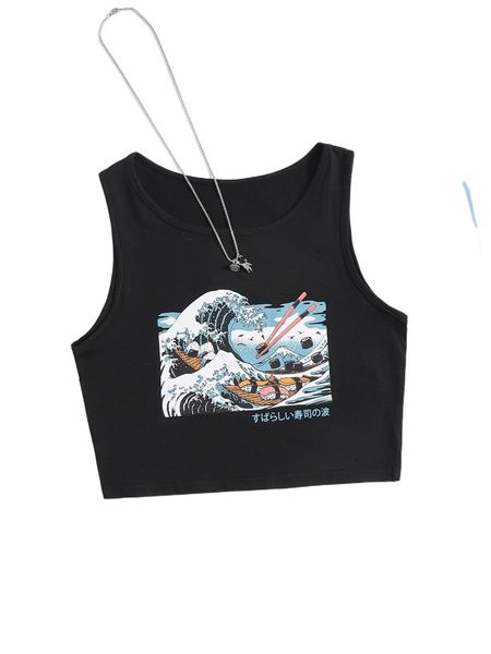 

romwe x vincenttrinidadart wave & sushi print tank h4kv#, White