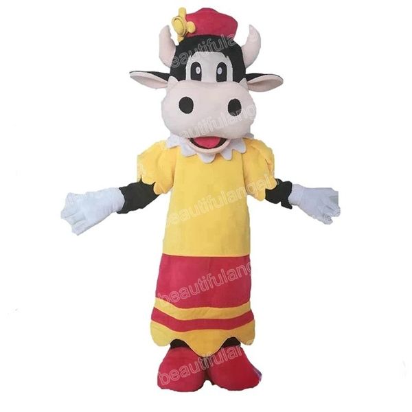 Costume della mascotte della mucca sveglia di Halloween Personaggio dei cartoni animati di peluche animale di alta qualità Personaggio a tema per adulti Costume da carnevale di Natale per adulti