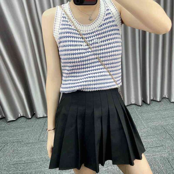 

women's polos small fragrance sleeveless vest stripe pattern embroidery thin bottomed blouse women's summer sweater wtgn, White