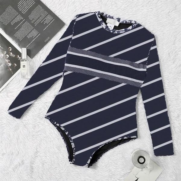 

classic striped swimwear long sleeve padded push up women's one-piece swimsuit beach wear travel vacation designer wear248c