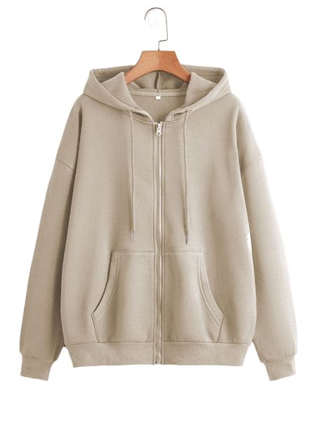 

solid drawstring zip up drop shoulder hoodie 232v#, Black