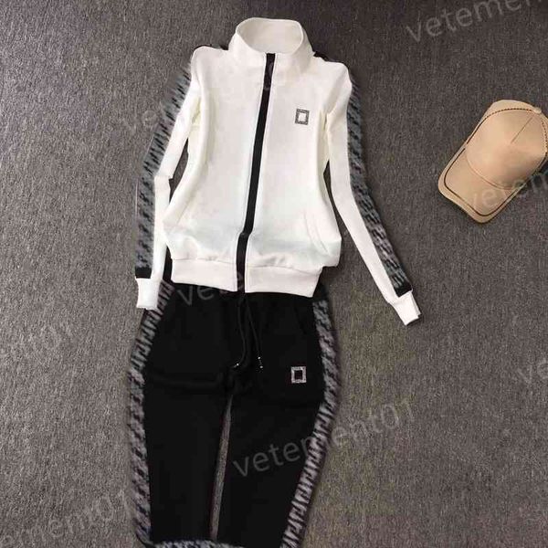 

womens two piece pants classic f-print stand-neck zip-up cardigan jacket with black casual pants 2 piece sets luxury designer tracksuits 091, White