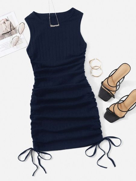 

ruched drawstring side bodycon dress p5gi#, Black;gray