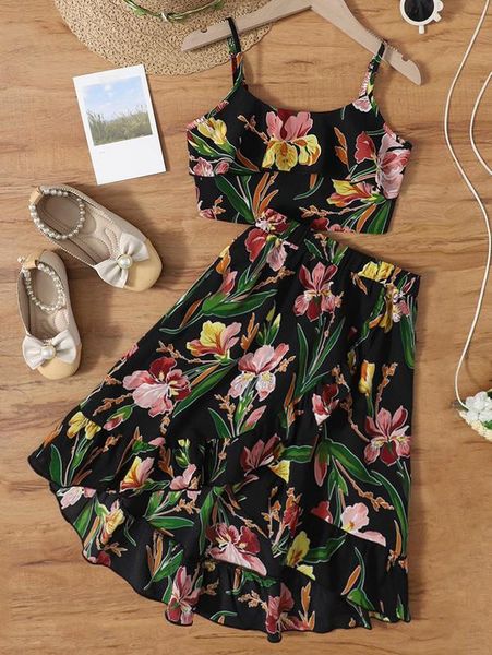 

girls floral print cami & high low hem skirt she, White