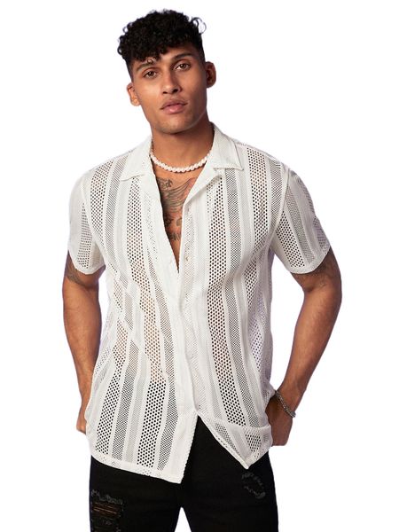 

men lapel collar pointelle knit shirt m5a8#, White;black