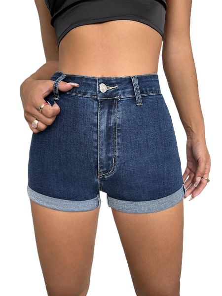 

rolled hem dark wash denim shorts 12dh#, White;black