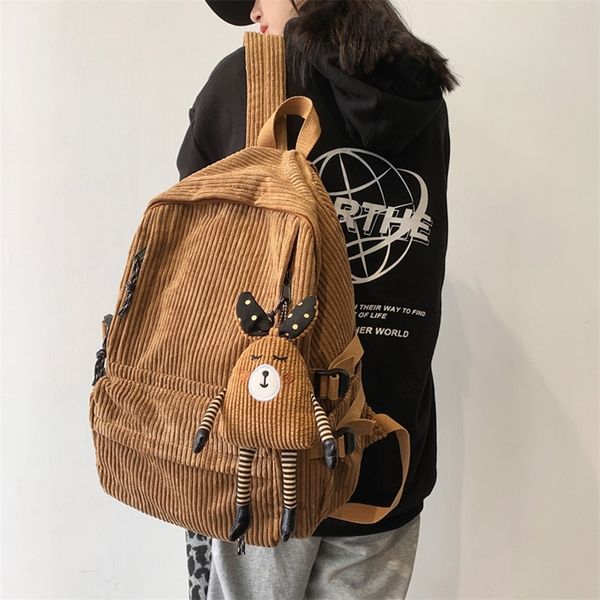 

fashion women corduroy backpack pure color stripe harajuku school bag teenage luxury girl backpack female cute bagkpack mochila 220713