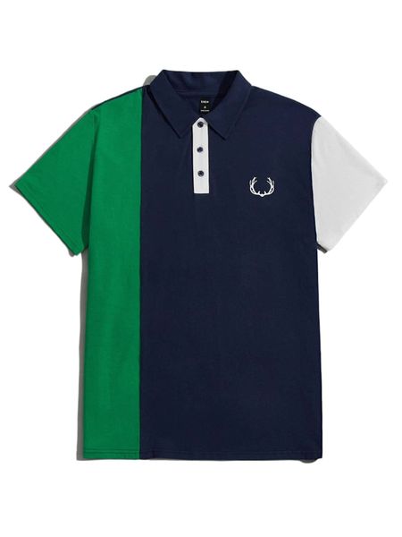 

men antler print colorblock polo shirt m63v#, White;black