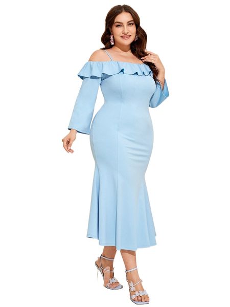 

plus cold shoulder ruffle trim mermaid hem dress b0pc#, Black