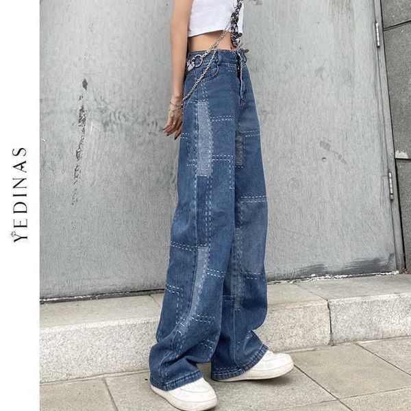

yedinas vintage color patchwork mom jeans high waisted boyfriend for women black loose trousers wide leg pants 210527, Blue