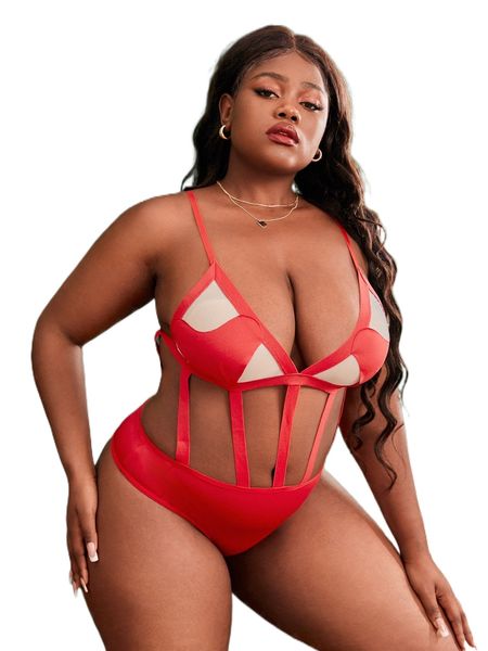 

plus cut out teddy bodysuit without liner h54y#, Black;white
