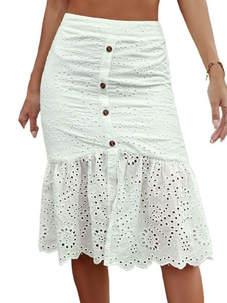 

b.utton f.ront e.mbroidery e.yelet flounce sleeve s.kirt 77zo#, Black