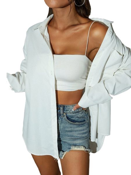 

curved hem drop shoulder blouse 00vl#, White