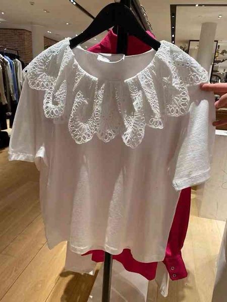 

women's t-shirt legal cp family spring summer white lotus leaf hollow neck embroidery pullover round t-shirt