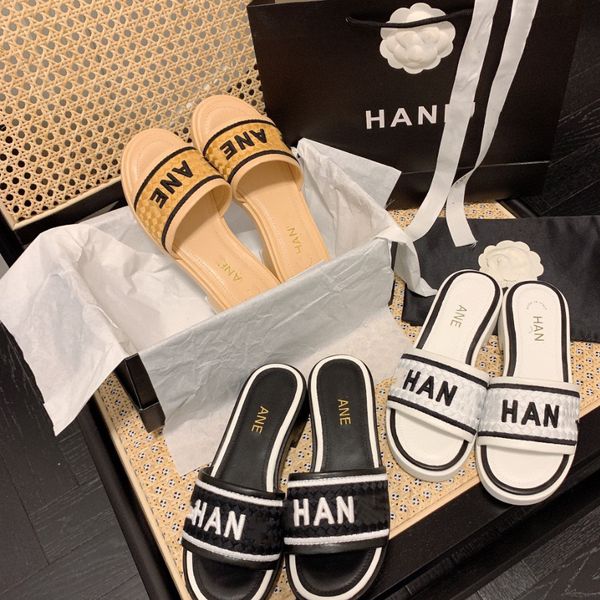 

embroidered woven slippers spring and summer color-blocked alphabet rhombus home style sandals, Black