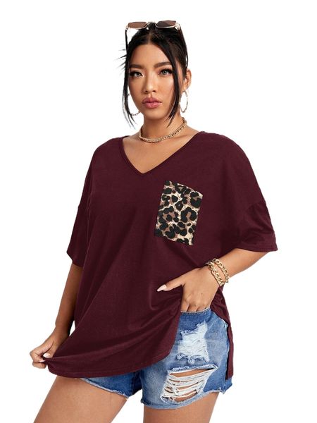 

plus leopard drop shoulder tee b1ri#, Black