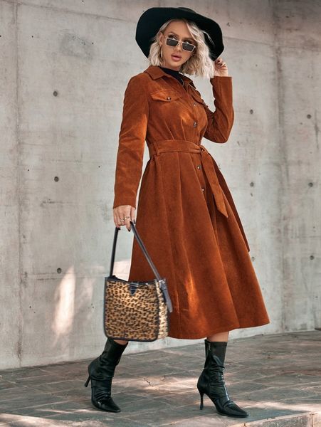 

single breasted belted corduroy shirt dress e1ds#, Black;gray