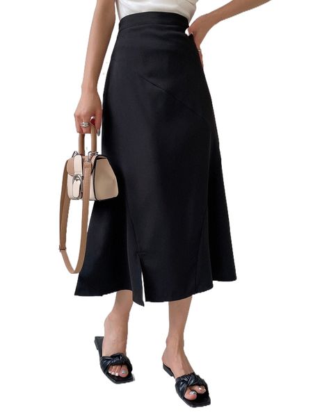 

dazy solid high waist split hem skirt x2hj#, Black