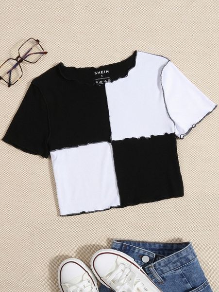 

two tone lettuce trim rib knit crop tee e7u2#, White