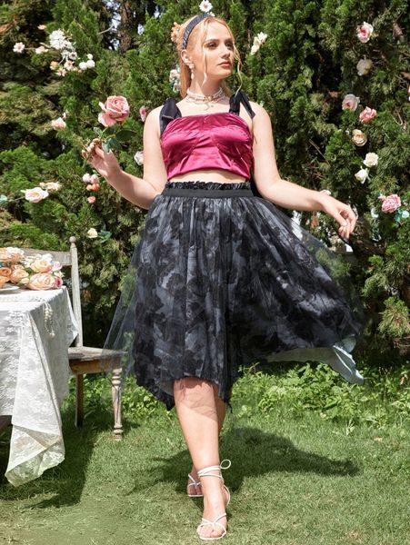 

plus graphic print paperbag waist mesh overlay hanky hem skirt t3fo#, Black