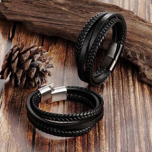 

fashion simple design multilayer leather strand rope hand woven 316l stainless, Black