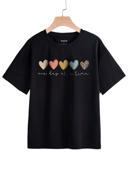 

slogan & heart print drop shoulder tee l3zk#, White
