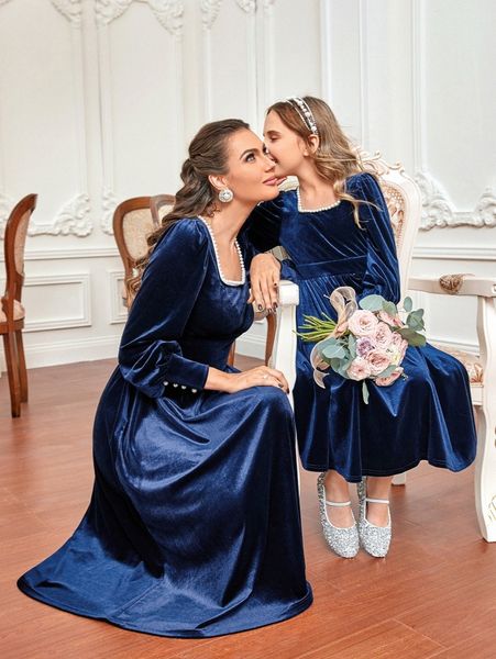 

x farah pearls beaded bishop sleeve velvet a-line dress w6qf#, Black;gray