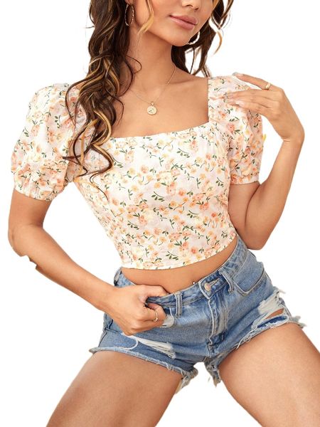 

square neck puff sleeve allover floral s59g#, White