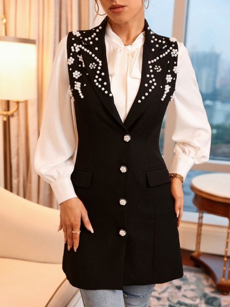 

pearls beaded vest blazer o3sz#, White
