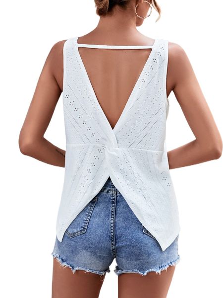 

cut out twist back eyelet embroidered tank x95n#, White