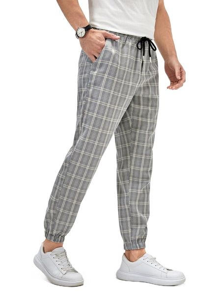 

men plaid print drawstring waist pants o9s9#, Black