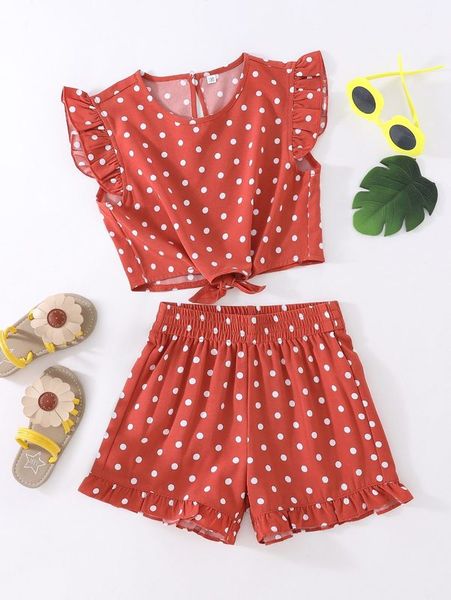 

girls polka dot ruffle sleeve tie hem & shorts she, White