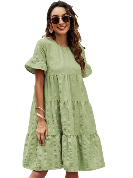 

solid flounce sleeve smock dress b5nx#, Black;gray