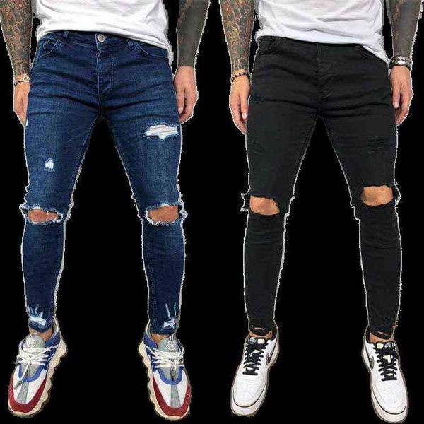 Jeans da uomo Pantaloni a matita strappati skinny blu neri al ginocchio 2021 Pantaloni slim in denim elastico tinta unita Pantaloni stile High Street Uomo G0104