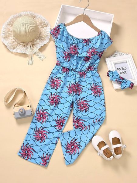 

toddler girls floral print ruffle trim jumpsuit she, Blue