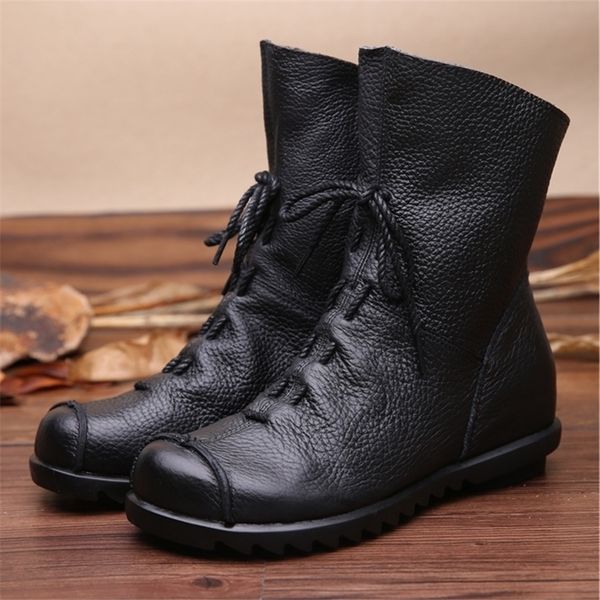 

vintage style genuine leather women boots flat booties soft cowhide womens shoes front zip ankle boots zapatos mujer 201106, Black