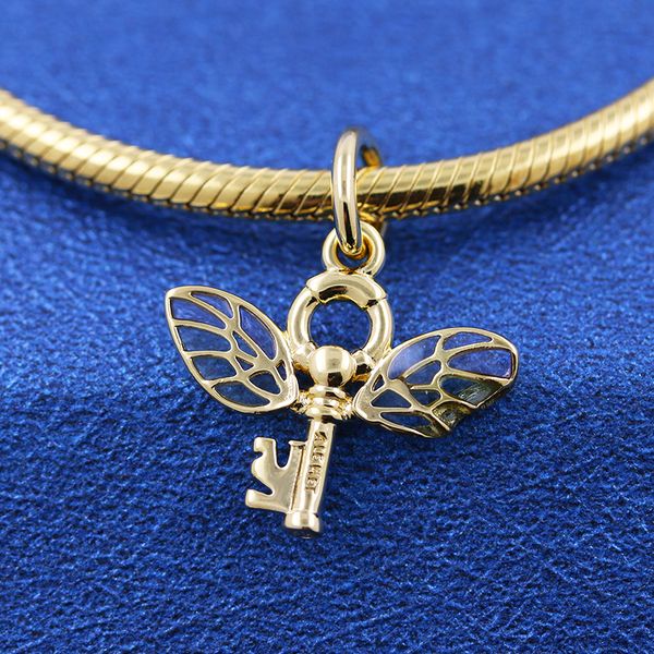 Glanzgoldmetallbeschichteter Schlüssel, der fliegen kann, baumelnder Charm-Anhänger für europäische Pandora-Schmuck-Charm-Armbänder