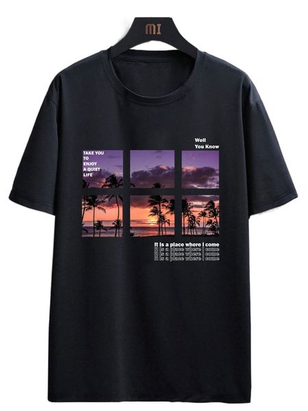 

men palm tree & slogan graphic tee t7yu#, White;black