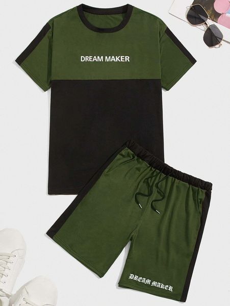 

men letter graphic colorblock tee & side seam drawstring shorts f2mg#, Gray