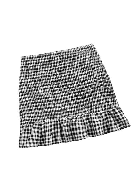 

gingham print shirred ruffle hem skirt n4xq#, Black