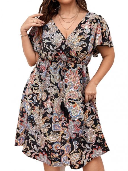 

plus floral & paisley print butterfly sleeve knot front dress u7g7#, Black