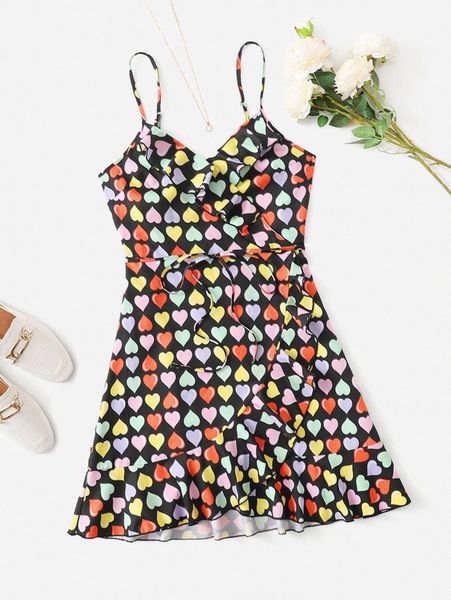 

allover heart print ruffle trim wrap belted cami dress w1db#, Black;gray
