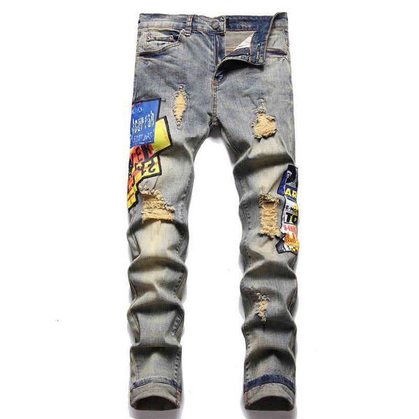 

men's jeans am european men's jeans with holes, printing trend, elastic slim fit pants, high-end versatile pants 3172 0z9f, Blue