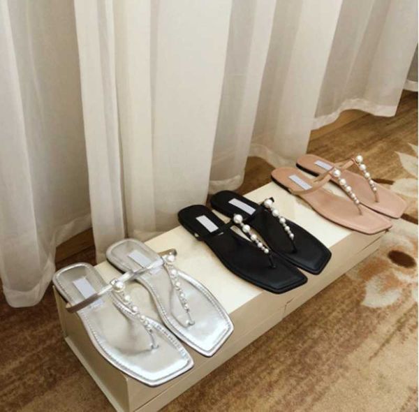 

luxury designer slippers alaina flat pearl leather slipper elegant simple women party shoe square toe footholds outdoor sandals 3 color on, Black
