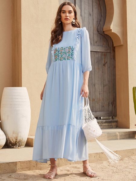 

frilled floral embroidered ruffle hem dress t8qz#, Black;gray