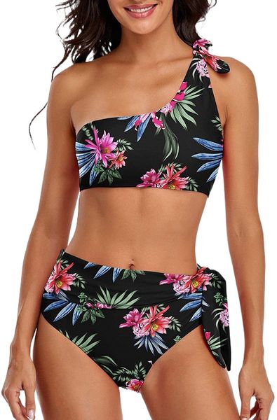 

women two piece swimsuit one shoulder push up tie high waisted bikini swimwear 23nu#, White;black